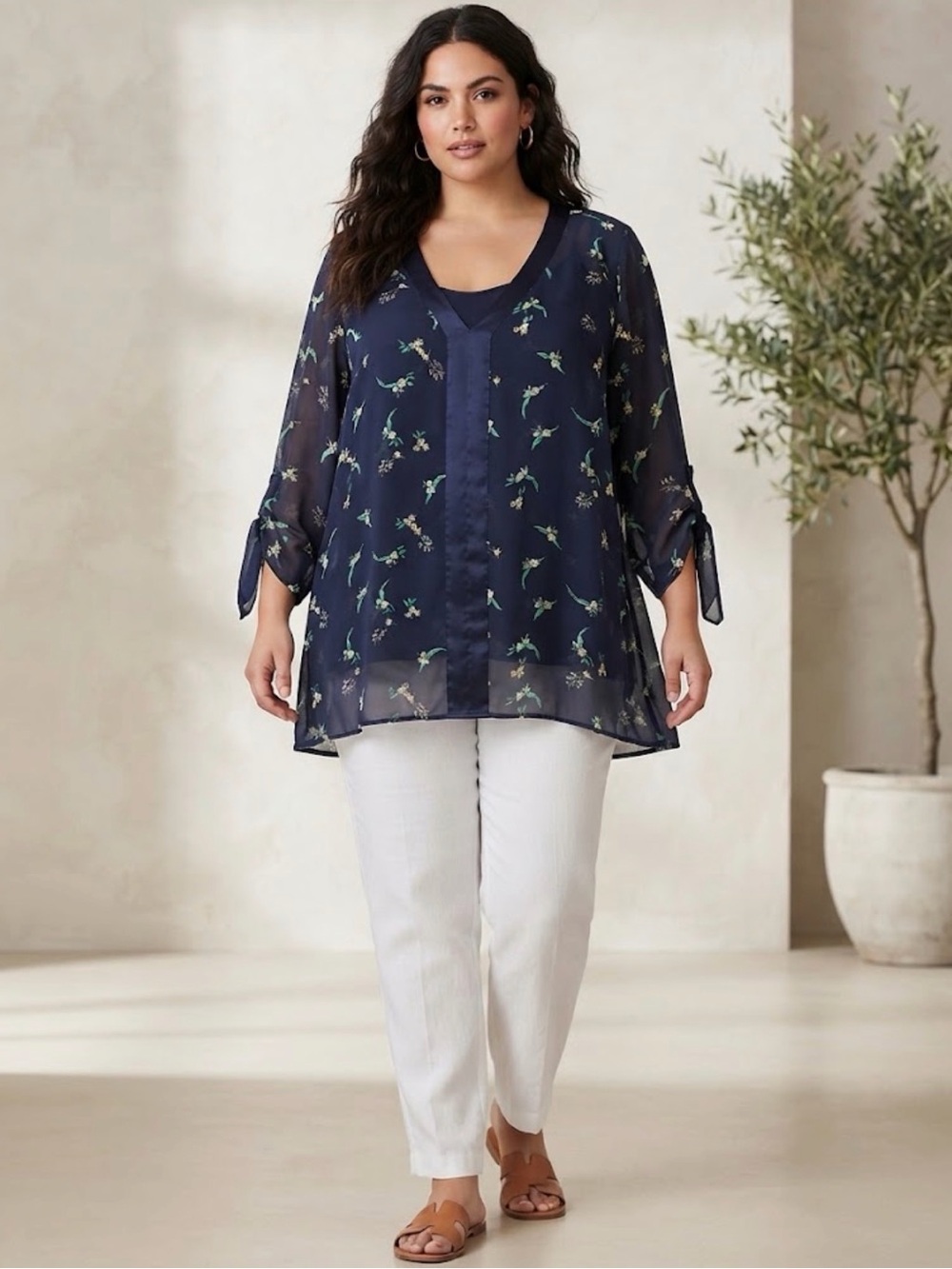 Michel Studio Collection Navy Floral V-Neck Sheer Long Blouse Sz 24